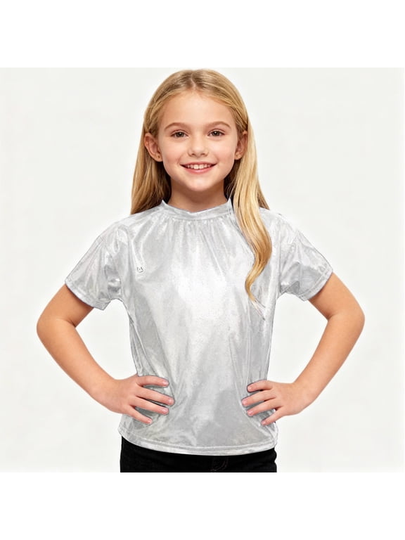 Kids Boys Girls Metallic Shiny T-Shirt Short Sleeve Loose T Shirts Jazz Hip Hop Dance Tops