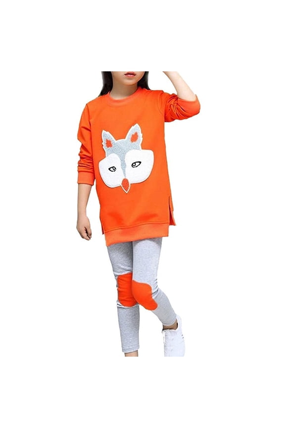 Kids Girls Clothing Set - Cartoon Fox Print Sweatshirt Top and Elastic Waist Pants, 2 Piece Casual Fall Spring Outfit (Orange, 11-12 Years)