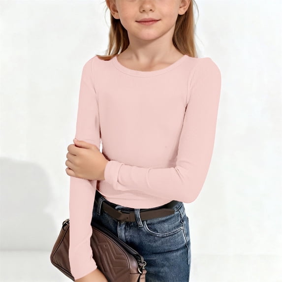 UACY Kids Girls Long Sleeve Shirts Crewneck Ruched Side Slim Fit Tops Ribbed Knit Casual Tee Shirt