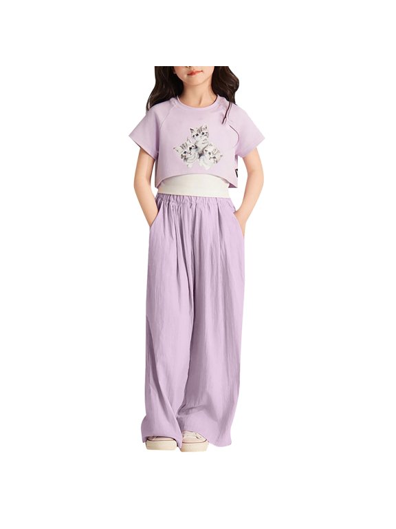 Kids Pleated Wide Leg Trousers Boys Girls Soft Fabric Elastic Waist Flowy Lightweight Smart Casual Pants for Daily Occasions (Purple, 11-12Years)