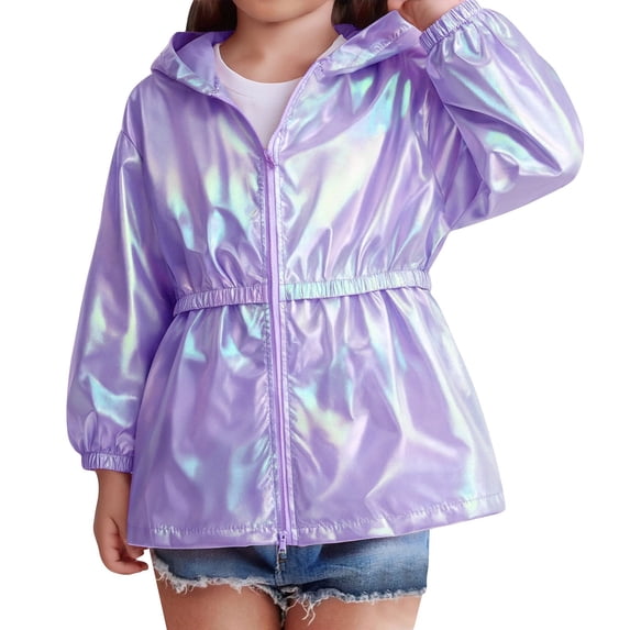UACY Kids Shiny Jacket Sparkly Lightweight Waterproof Raincoat Boys Girls Street Y2K Glitter Windbreaker Rain Jacket (Purple, 6-7 Years)