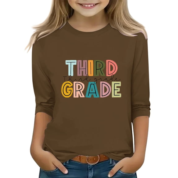 UACY Kids Third Grade Colorful Letter T Shirt Boys Girls 3 4 Sleeve Crew Neck Casual Back to School Tee (Brown, 8-9 Years)