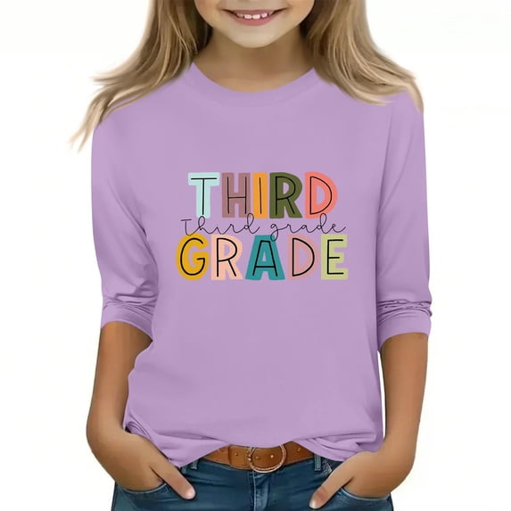 UACY Kids Third Grade Colorful Letter T Shirt Boys Girls 3 4 Sleeve Crew Neck Casual Back to School Tee (Purple, 10-11Years)