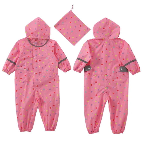 UACY Kids Toddler Rain Suit for Boys Girls One Piece Hoodie Zipper Cute Waterproof Coverall Rain Jacket (Pink, L)