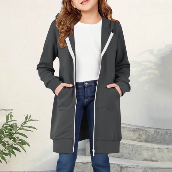 UACY Long Zip up Hoodies for Girls Fleece Zippered Casual Jacket Fall Tunic Coats Oversized Hooded Sweatshirt with Pockets (Dark Gray, 11-12 Years)