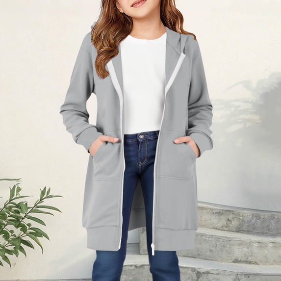 UACY Long Zip up Hoodies for Girls Fleece Zippered Casual Jacket Fall Tunic Coats Oversized Hooded Sweatshirt with Pockets (Grey, 5-6 Years)