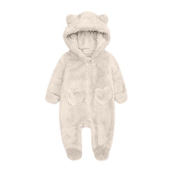 UACY Newborn Baby Winter Fleece Snowsuit Cute Bear Ears Hooded Outfits Zip Up Fuzzy Heart Jumpsuit Warm Furry Onesie (Beige, 3-6 Months)