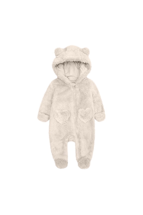 Newborn Baby Winter Fleece Snowsuit Cute Bear Ears Hooded Outfits Zip Up Fuzzy Heart Jumpsuit Warm Furry Onesie (Beige, 6-9 Months)