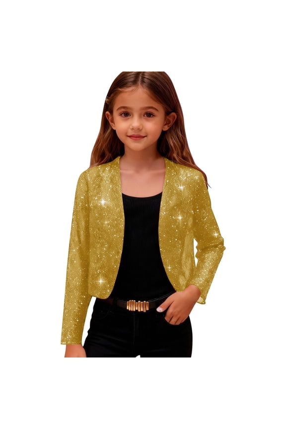 Sequin Jacket for Girls Sparkly Cropped Open Front Long Sleeve Shrug Kids Fall Fashion Party Glitter Blazer Cardigan