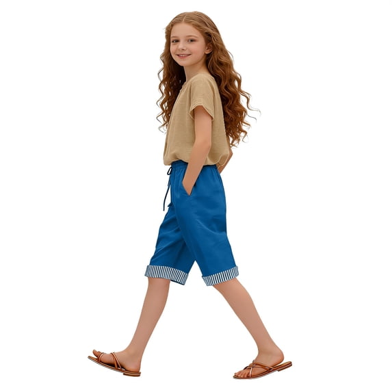 UACY Shorts for Girls Knee Length High Waisted Long Linen Shorts with Pockets Wide Leg Summer Lounge Baggy Linen Pants 