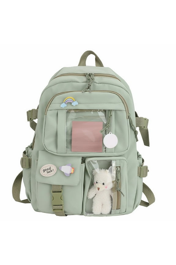 Solid Color Backpack School Bag with Cute Hanging Ornament Cute Backpack with Cute Pin Accessories Plush Pendant Cute School Backpack Cute Backpack