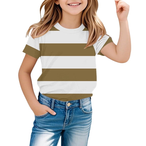 UACY Striped T-Shirt for Girls, Short Sleeve, Crew Neck (Coffee, 12-13 Years)