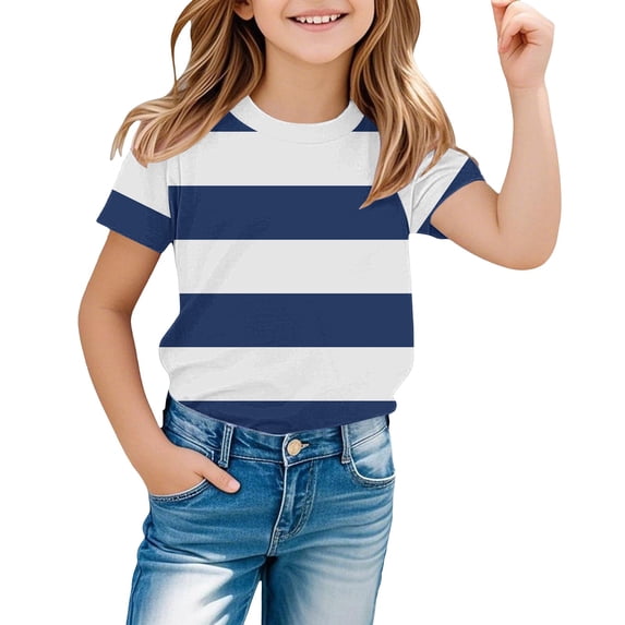 UACY Striped T-Shirt for Girls, Short Sleeve, Crew Neck (Navy, 6-7 Years)