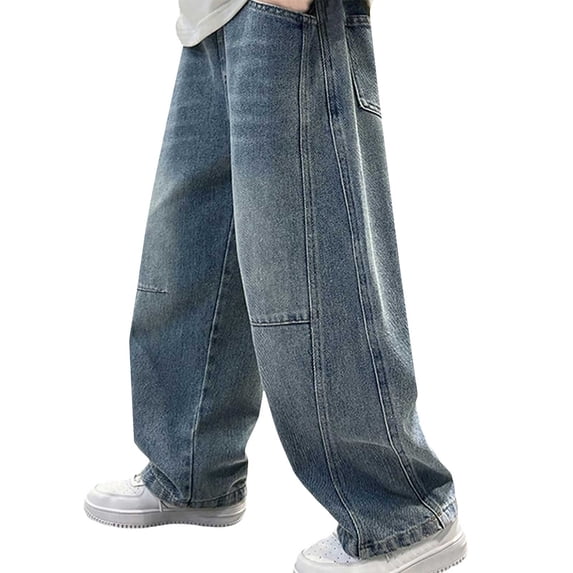 UACY Teen Boys Baggy Jeans, Vintage Y2K Wide Leg Denim Pants, Relaxed Fit Cargo Trousers with Pockets (Sky Blue, 9-10 Years)