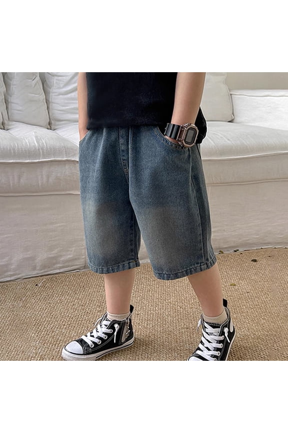 Teen Boys Loose Fit Jean Shorts Y2K, Baggy Denim Jorts with Elastic Waist Retro Pull On Hip Hop Casual Wear (Blue, 13-14 Years)