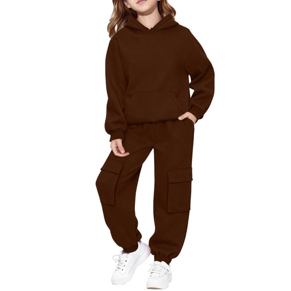 UACY Teen Girls 2 Piece Sweatsuits Fleece Hoodies Jogging Set Youth Kids Ribbed Cuffs Oversized Pockets Sweatpants Outfits ﻿ (Brown, 9-10 Years)