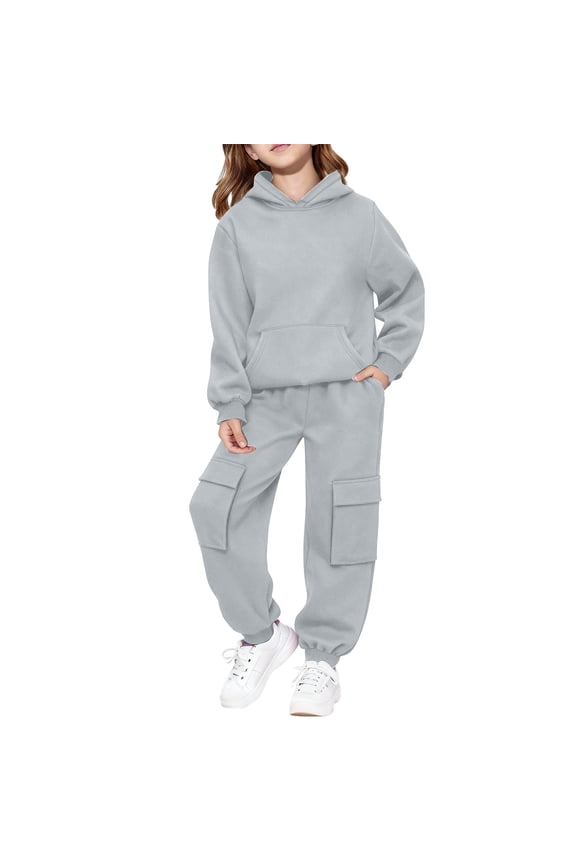 Teen Girls 2 Piece Sweatsuits Fleece Hoodies Jogging Set Youth Kids Ribbed Cuffs Oversized Pockets Sweatpants Outfits (Grey, 7-8 Years)