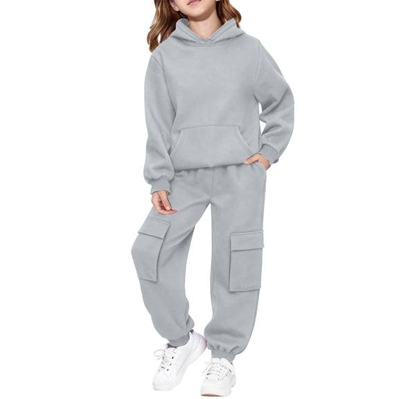 UACY Teen Girls 2 Piece Sweatsuits Fleece Hoodies Jogging Set Youth Kids Ribbed Cuffs Oversized Pockets Sweatpants Outfits  (Grey, 7-8 Years)