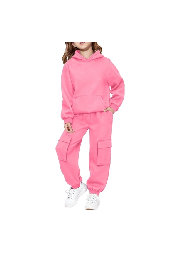 Teen Girls 2 Piece Sweatsuits Fleece Hoodies Jogging Set Youth Kids Ribbed Cuffs Oversized Pockets Sweatpants Outfits (Pink, 13-14 Years)