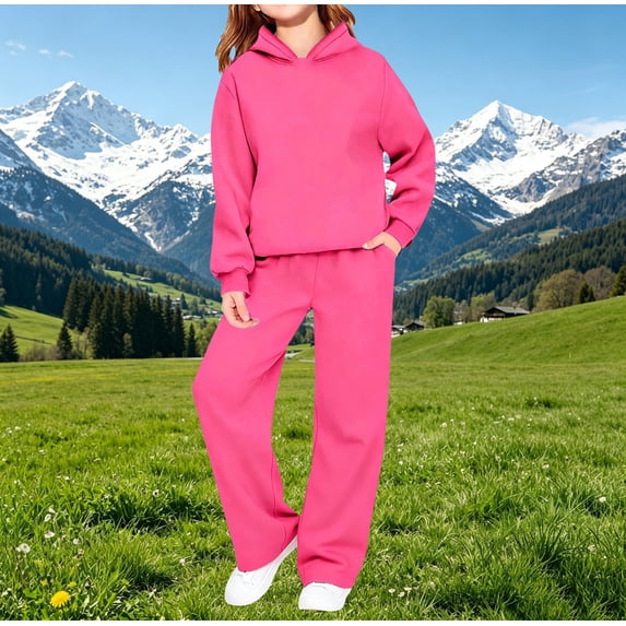 UACY Teen Girls Casual Tracksuit, Solid Pullover Hoodie & Loose Wide Leg Sweatpants 2 Piece Sweatsuit, Long Sleeve Daily Sport Outfit (Hot Pink, 5-6 Years)