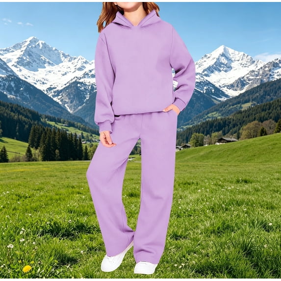 UACY Teen Girls Casual Tracksuit, Solid Pullover Hoodie & Loose Wide Leg Sweatpants 2 Piece Sweatsuit, Long Sleeve Daily Sport Outfit (Purple, 11-12 Years)