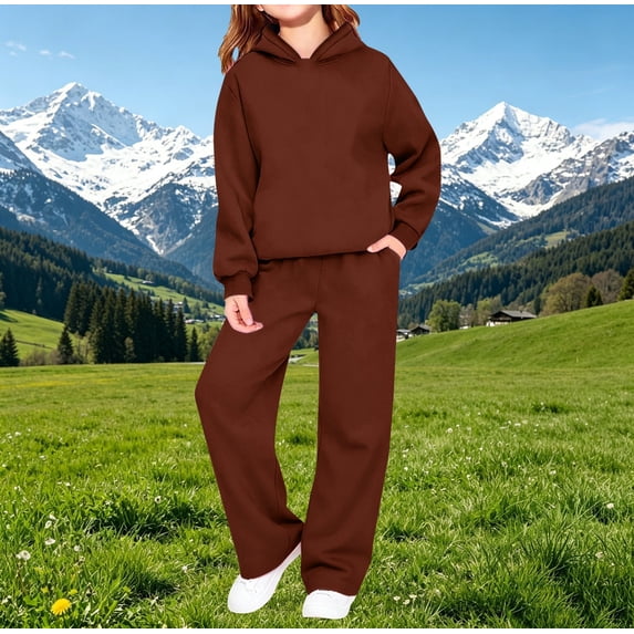 UACY Teen Girls Casual Tracksuit, Solid Pullover Hoodie & Loose Wide Leg Sweatpants 2 Piece Sweatsuit, Long Sleeve Daily Sport Outfit (Rose Gold, 15-16 Years)