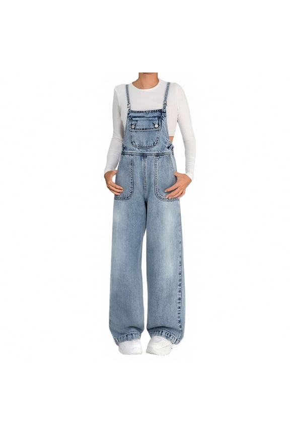 Teen Girls Denim Overalls, Y2K Aesthetic Preppy Adjustable Strap Wide Leg Jean Jumpsuit Fashion School Bib Overall (Blue, 7-8 Years)
