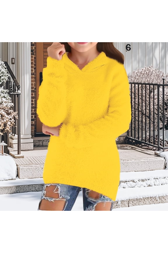 Teen Girls Fuzzy Hoodies Cute Sherpa Plush Pullover Hooded Sweatshirts Kids Plain Soft Fleece Winter Sweater Outwear (Yellow, 9-10 Years)