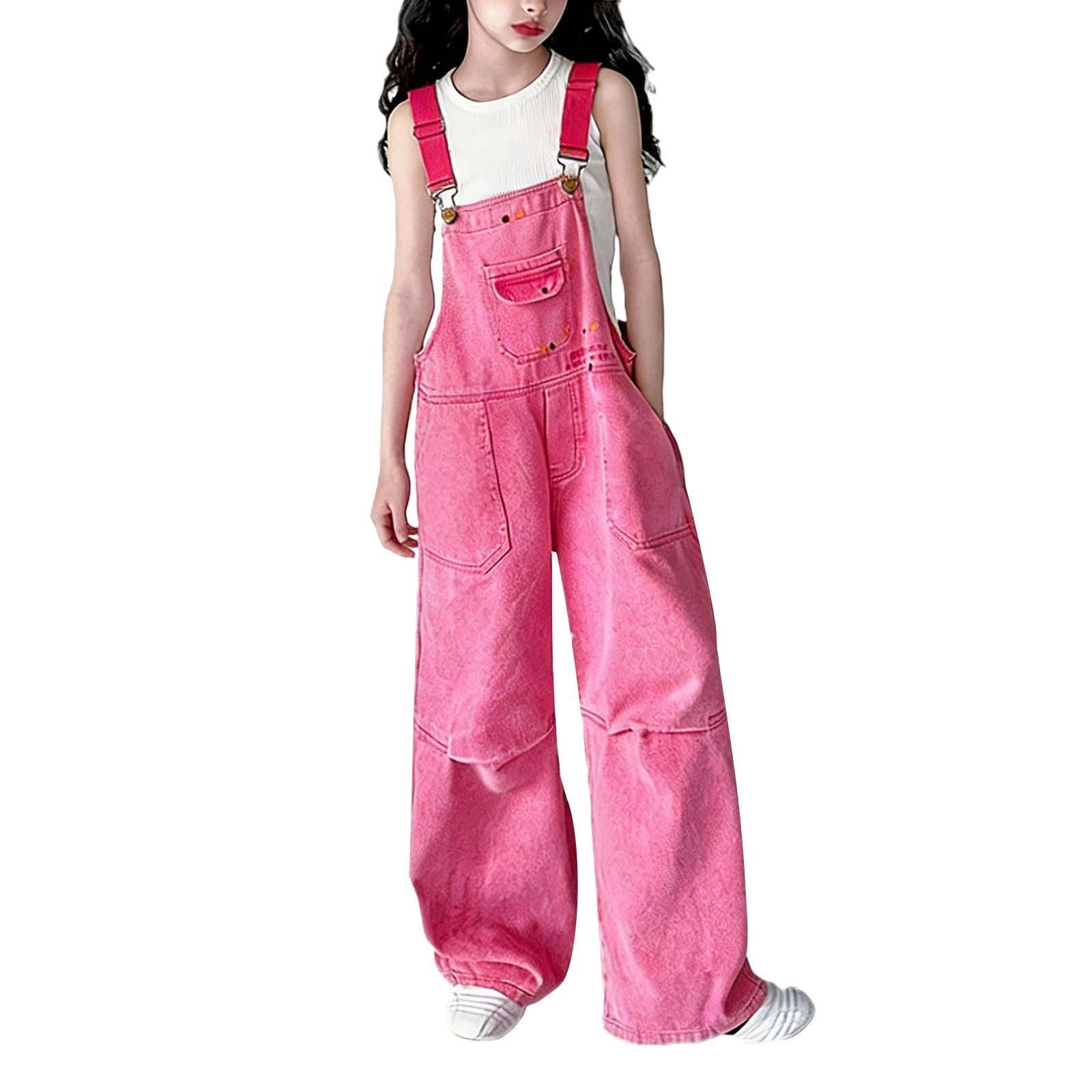 UACY Teen Girls Y2K Denim Overalls Adjustable Strap Aesthetic Preppy Jeans Jumpsuit Fashion School Uniform Bib Overall (Hot Pink, 13-14 Years)