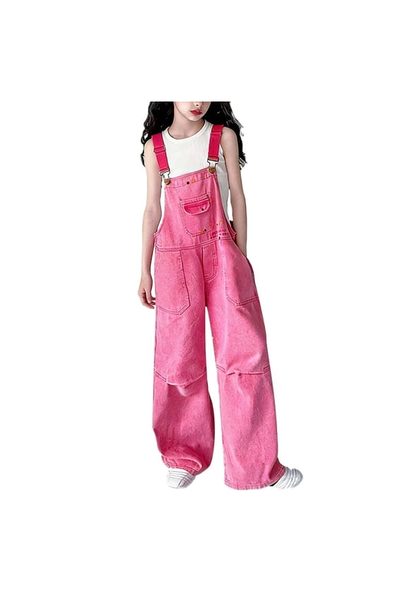 Teen Girls Y2K Denim Overalls Adjustable Strap Aesthetic Preppy Jeans Jumpsuit Fashion School Uniform Bib Overall (Hot Pink, 4-5 Years)
