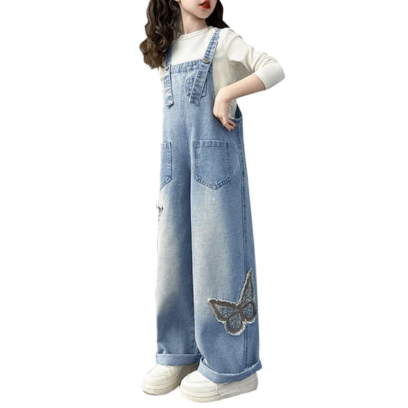 UACY Teen Girls Y2K Denim Overalls, Adjustable Strap Baggy Wide Leg Jean Jumpsuit Preppy Aesthetic School Uniform with Pockets (Light Blue, 5-6 Years)