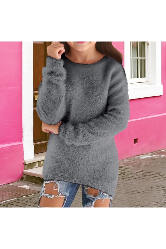 Teens Girls Fleece Sweatshirts Fall Winter Warm Furry Pullover Sweatshirt Long Sleeve Cute Trendy Plain Thick Tops (Grey, 15-16 Years)