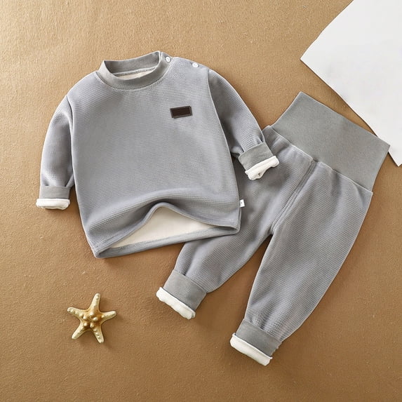 UACY Toddler 2-Piece Fleece Pants Set, Thick Plush Sherpa Lined Crewneck Top and Sweatpants, Baby Comfy Winter Warm Clothes (Grey, 12-18 Months)