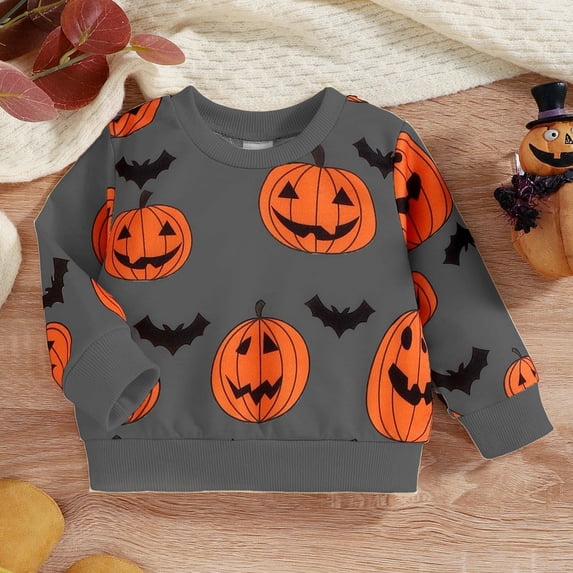 UACY Toddler Boys Girls Halloween Pumpkin Print Pullover Sweatshirt, Long Sleeve T-Shirt Jacket Top, Kids Printed Overcoat (Grey, 3-6 Months)
