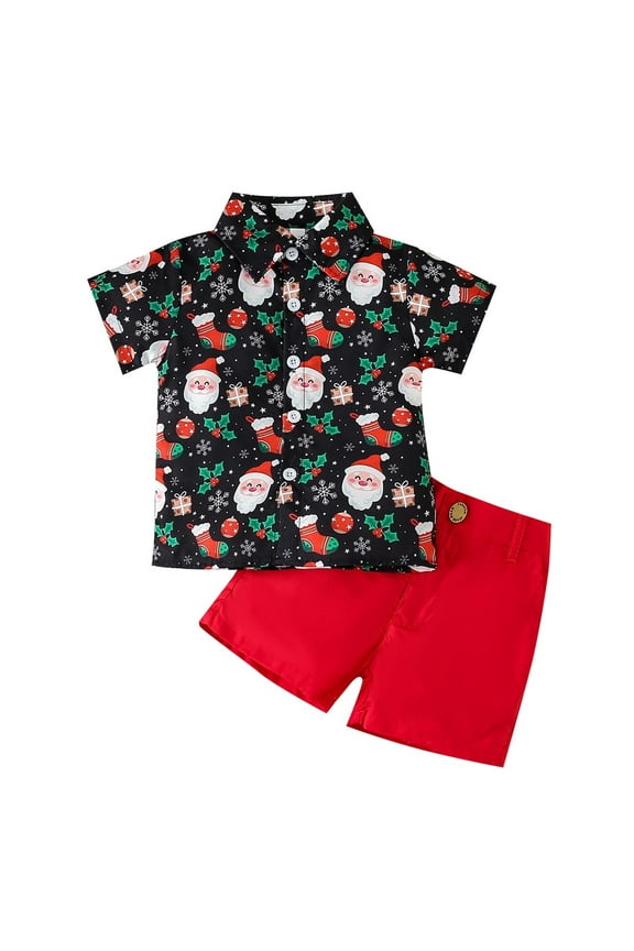 Toddler Christmas Boy Clothes Outfits Toddler Kids Baby Boy Santa Deer Print Short Sleeve T Shirt Red Shorts Gentleman Suit Xmas 2pcs Outfits Set(Black,4-5 Years)