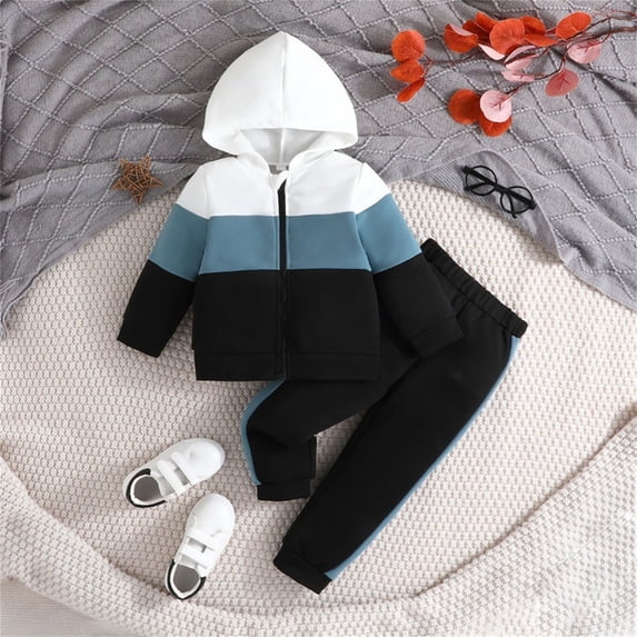UACY Toddler Color Block Tracksuit Set - Hooded Zip Up Top and Jogger Pants, 2 Piece Fall Winter Outfit (Blue, 3-4 Years)