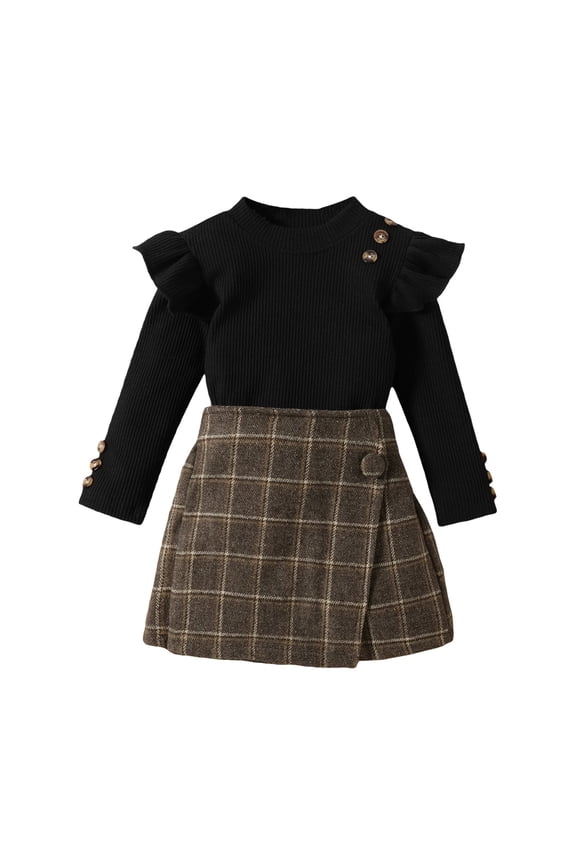 Toddler Girl 2 Piece Outfit Cotton Striped Long Sleeve Top and Plaid Culottes Set Casual Daily Wear (Black, 18-24 Months)