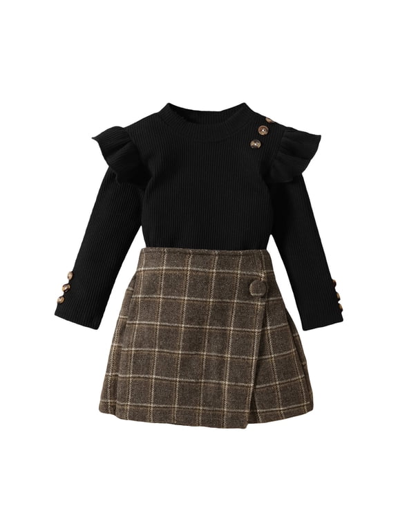 Toddler Girl 2 Piece Outfit Cotton Striped Long Sleeve Top and Plaid Culottes Set Casual Daily Wear (Black, 4-5 Years)