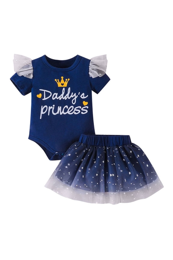 Toddler Girl 2 Piece Outfit Short Sleeve Monogram T Shirt Top and Tulle Skirt Casual Summer Wear (Blue, 6-9Months)