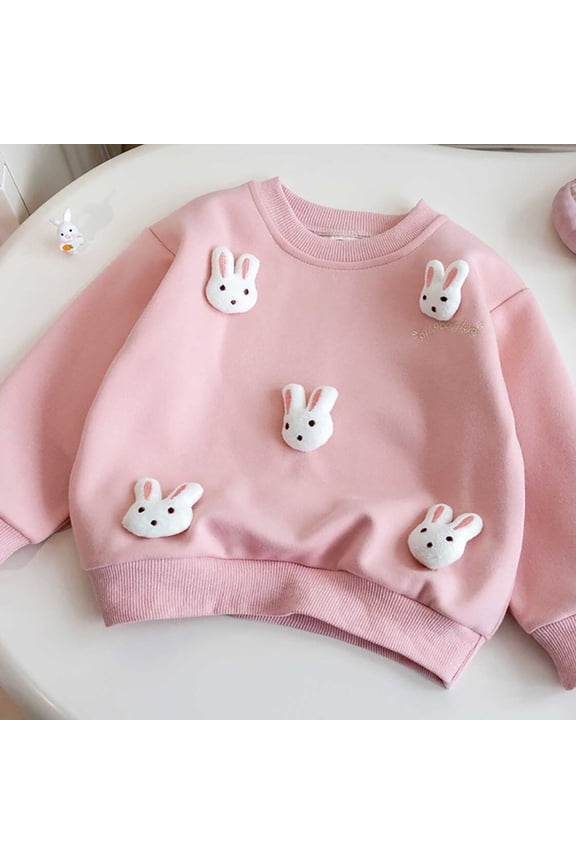 Toddler Girls 3D Bunny Sweatshirt Fluffy Rabbit Applique Crewneck Sweatshirts Kids Oversized Drop Shoulder Pullover Tops (Pink, 5-6 Years)