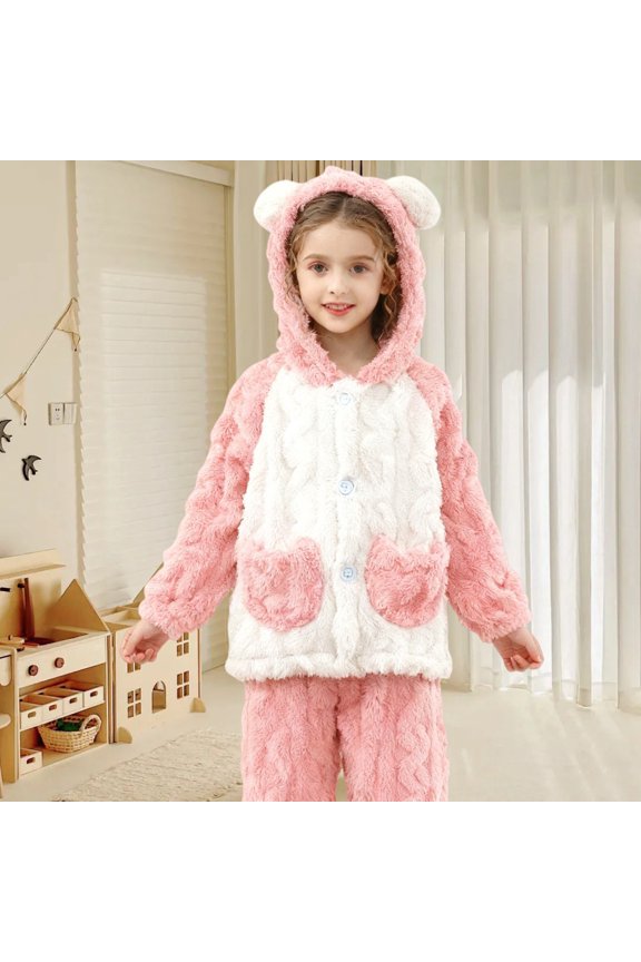 Toddler Girls Fuzzy Outfit Set - Lapel Button Front Hoodie Top and Fleece Jogger Pants, 2 Piece Fall Winter Clothing Set (Pink, 3-4 Years)