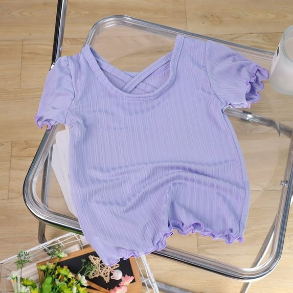 UACY Toddler Girls Ruffle Sleeve Shirts Kids Casual Summer Short Sleeve Little Girls Ribbed Knit Comfort Blouse Solid Tops (Purple, 1-2 Years)