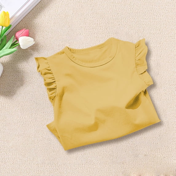 UACY Toddler Girls Summer Ruffle Flutter Cotton Tank Top Sleeveless Cute Crewneck Slim Dress Shirt Trendy Casual Tee Blouse Tops (Yellow, 18-24 Months)