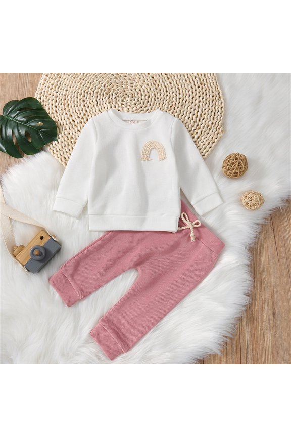 Toddler Rainbow Outfit Set - Patchwork Long Sleeve Sweatshirt Top and Solid Pants, 2 Piece Clothes (Blue, 6-12 Months)
