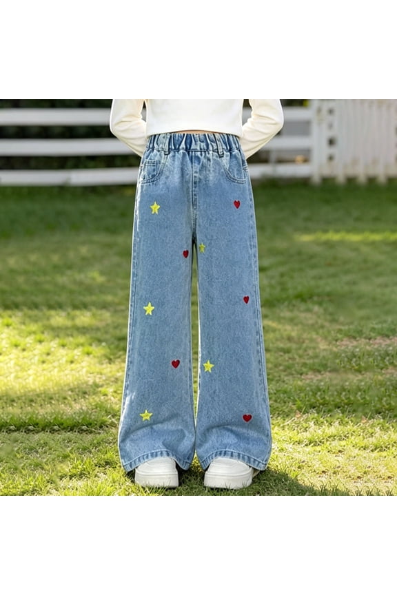 Tween Girls' Jeans Heart Pattern Casual Zipper Fly Wide Leg Distressed Ripped Washed Denim Pants