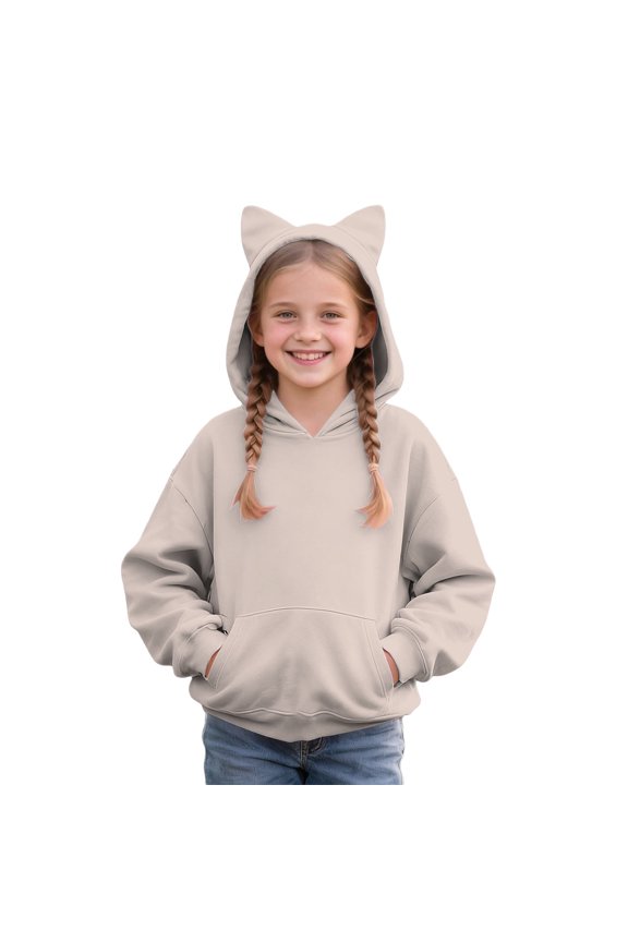 Cute Cat Ear Hoodie for Girls Kids Fashion Fleece Hooded Sweatshirt Oversized Long Sleeve Jacket (Beige, 2-3 Years)