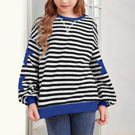 UACY Womens Striped Color Block Sweatshirt - Long Sleeve Oversized Crewneck Casual Loose Pullover Top for Fall Everyday Wear (Blue, 13-14 Years)