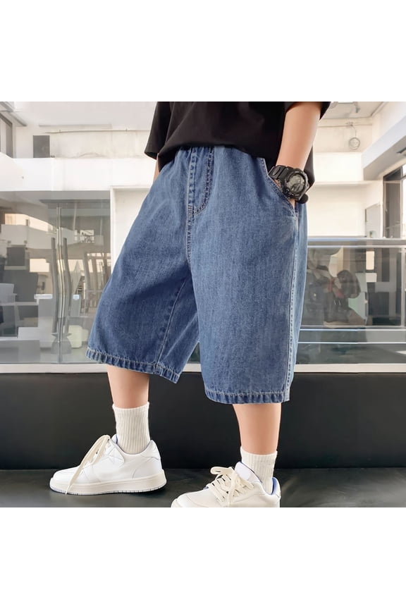 Y2K Retro Baggy Jean Shorts for Boys, Loose Fit Denim Jorts with Elastic Waist Pull On Hip Hop Casual Wear (Blue, 11-12 Years)