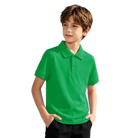 UACY Youth Boys Classic Polo Shirt Cotton T-Shirt Tops Short Sleeve Polo Kids Solid Color Button Up Collared Shirts (Green, 14-15 Years)
