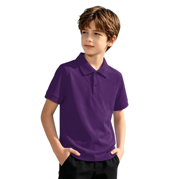 UACY Youth Boys Classic Polo Shirt Cotton T-Shirt Tops Short Sleeve Polo Kids Solid Color Button Up Collared Shirts (Purple, 13-14 Years)
